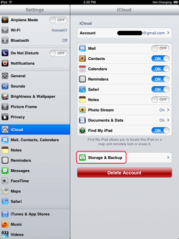 iCloud Settings, Storage and Backup